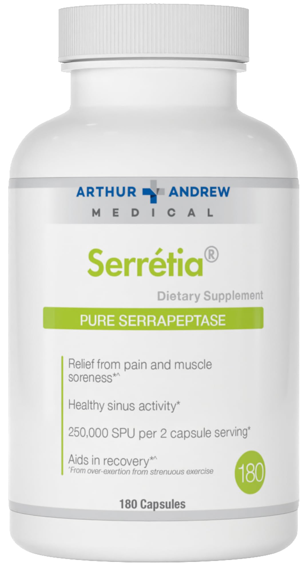 Arthur Andrew Medical Serretia Serrapeptase Formula - 180 Capsules for Muscle & Sinus Support | Natural Enzyme Supplement for Joint Pain Relief & Respiratory Health | Post-Workout Recovery & Allergy Season Aid