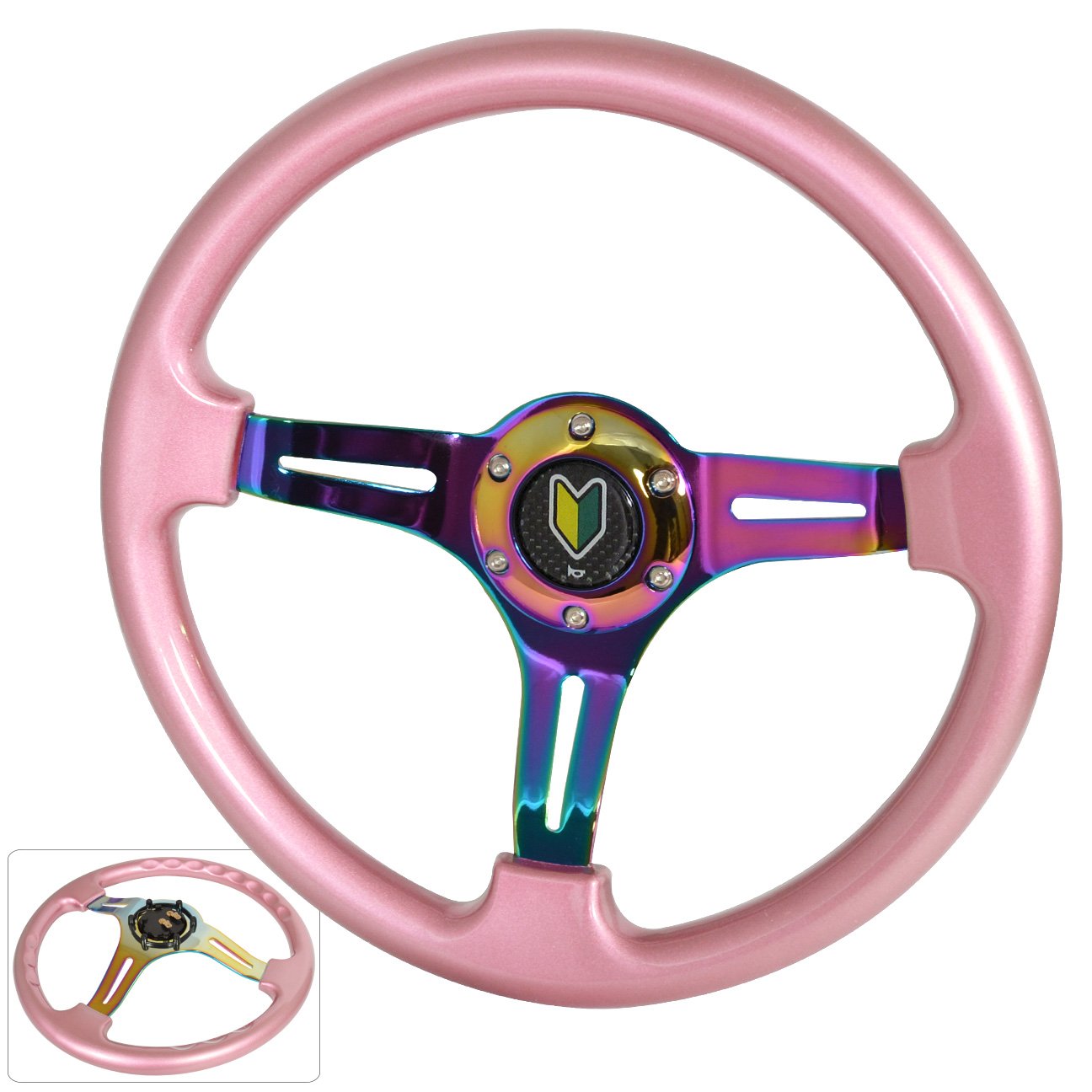 Universal 350mm 6-Bolt Lightweight Steering Wheel - Pink Trim & Neo Chrome Center - JDM Wakaba Leaf Horn Design - Perfect for Drift, Race & Street Cars - Upgrade Your Ride with Style