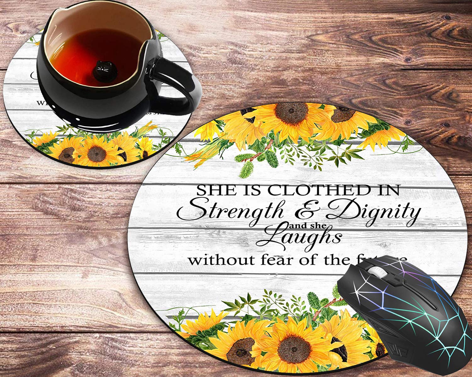 Proverbs 31:25 Sunflower Watercolor Floral Round Mouse Pad & Coaster Set - Non-Slip Rubber Base, Custom Mouse Mat for Office & Home Decor