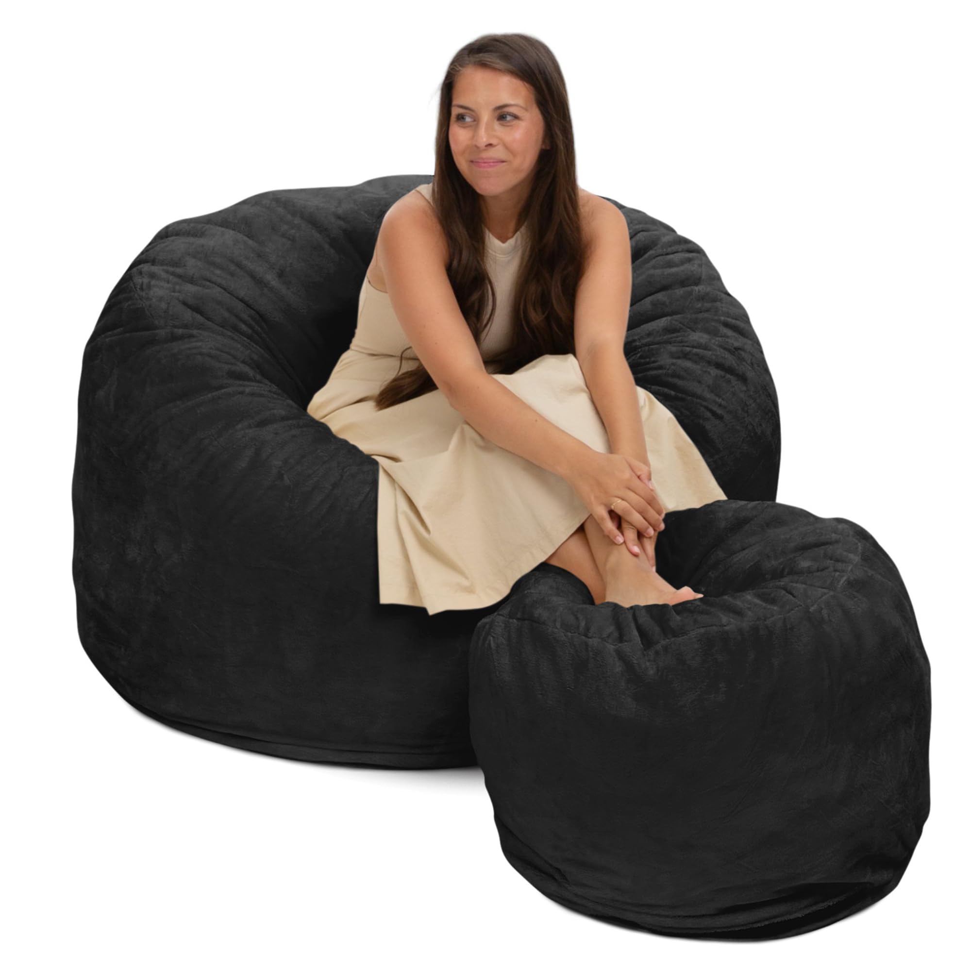 ULTIMATE SACK 4ft Oversized Bean Bag Chair & Footstool Set - Luxurious Charcoal Fur Lounge Furniture for Adults | Perfect for Living Room, Game Room & Dorm Relaxation