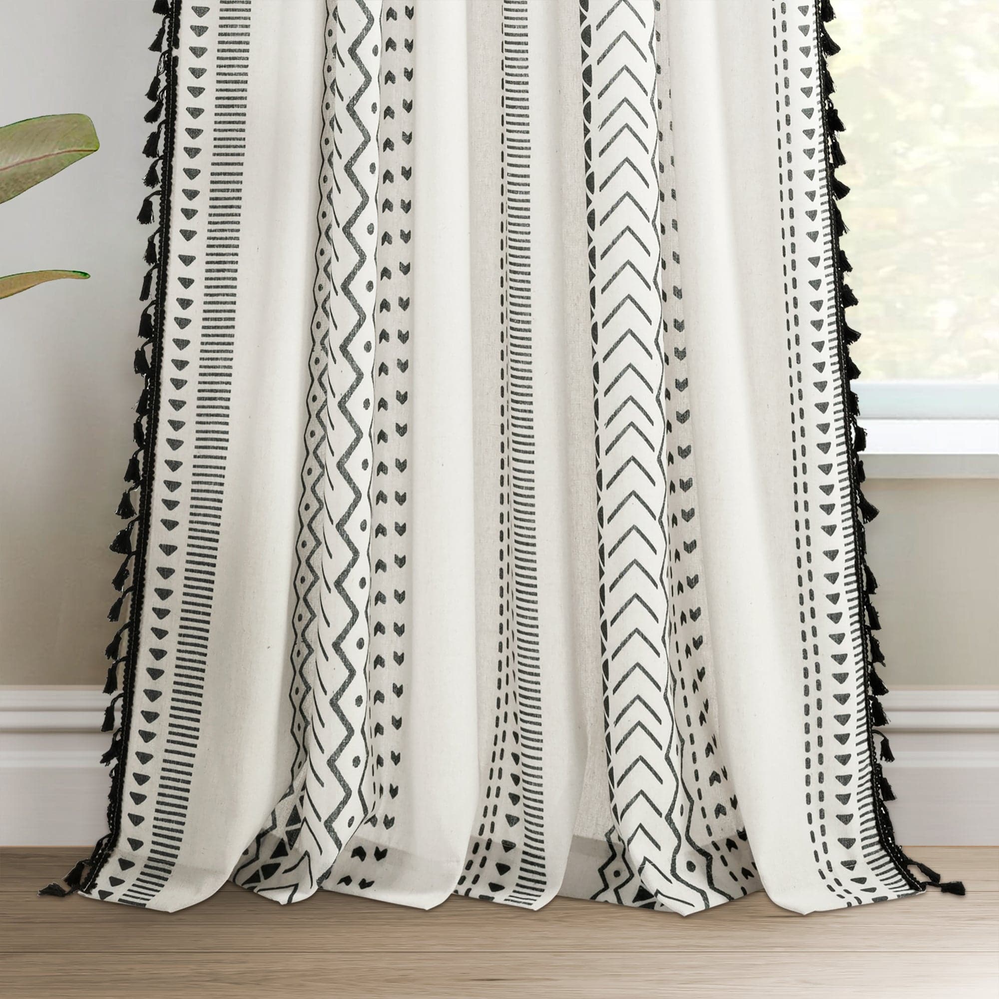 Boho Stripe Tassel Window Curtains - Light Filtering Hygge Style Curtain Panels Set for Living Room, Bedroom & Nursery (2 Panels)