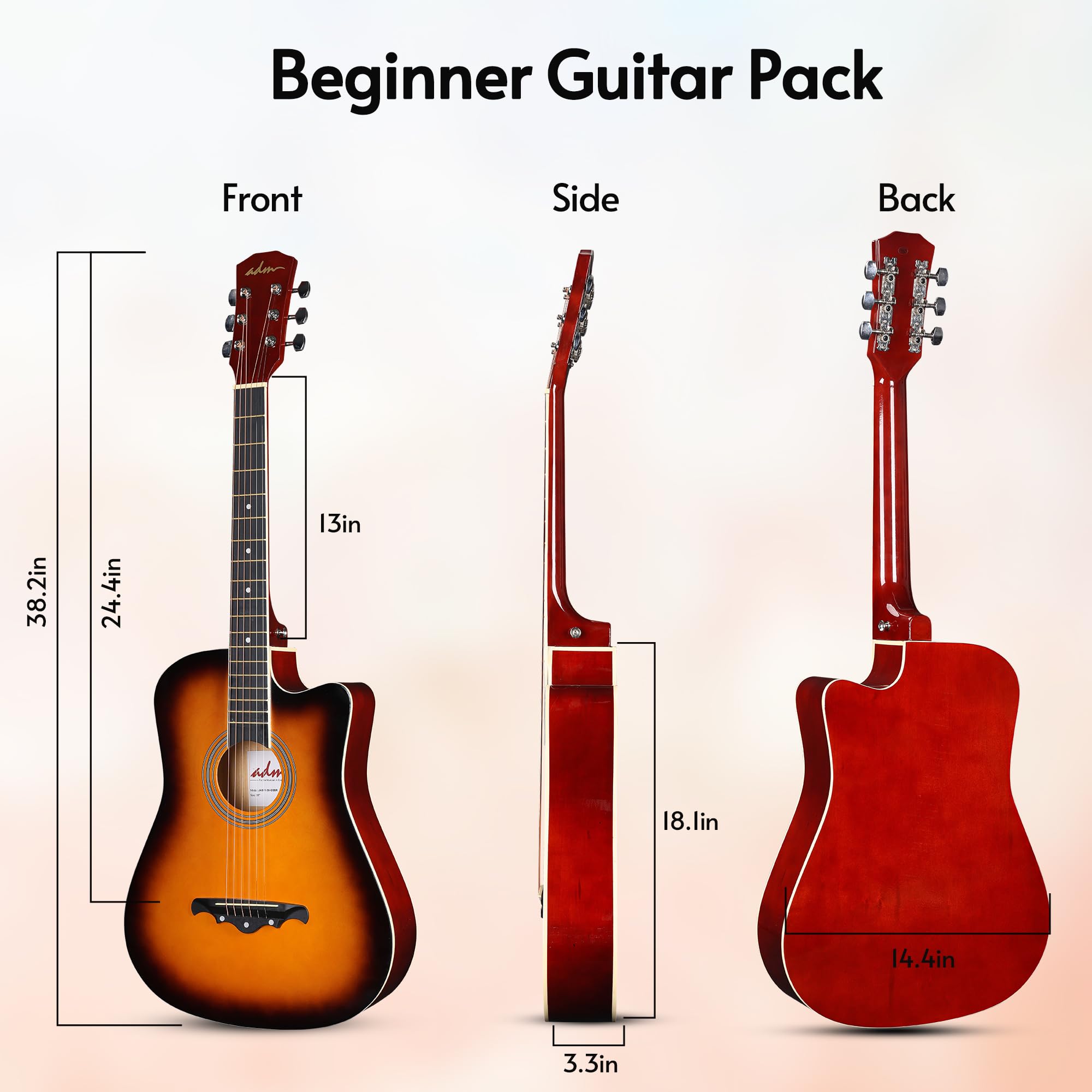 ADM 38-Inch Cutaway Acoustic Guitar Starter Kit for Beginners & Adults - Sunburst Wood Guitar with Gig Bag, Strap, Strings, Picks, Capo & Stand - Includes Free Online Lessons - Perfect for Home Practice, Campfire Sessions & Music Classes