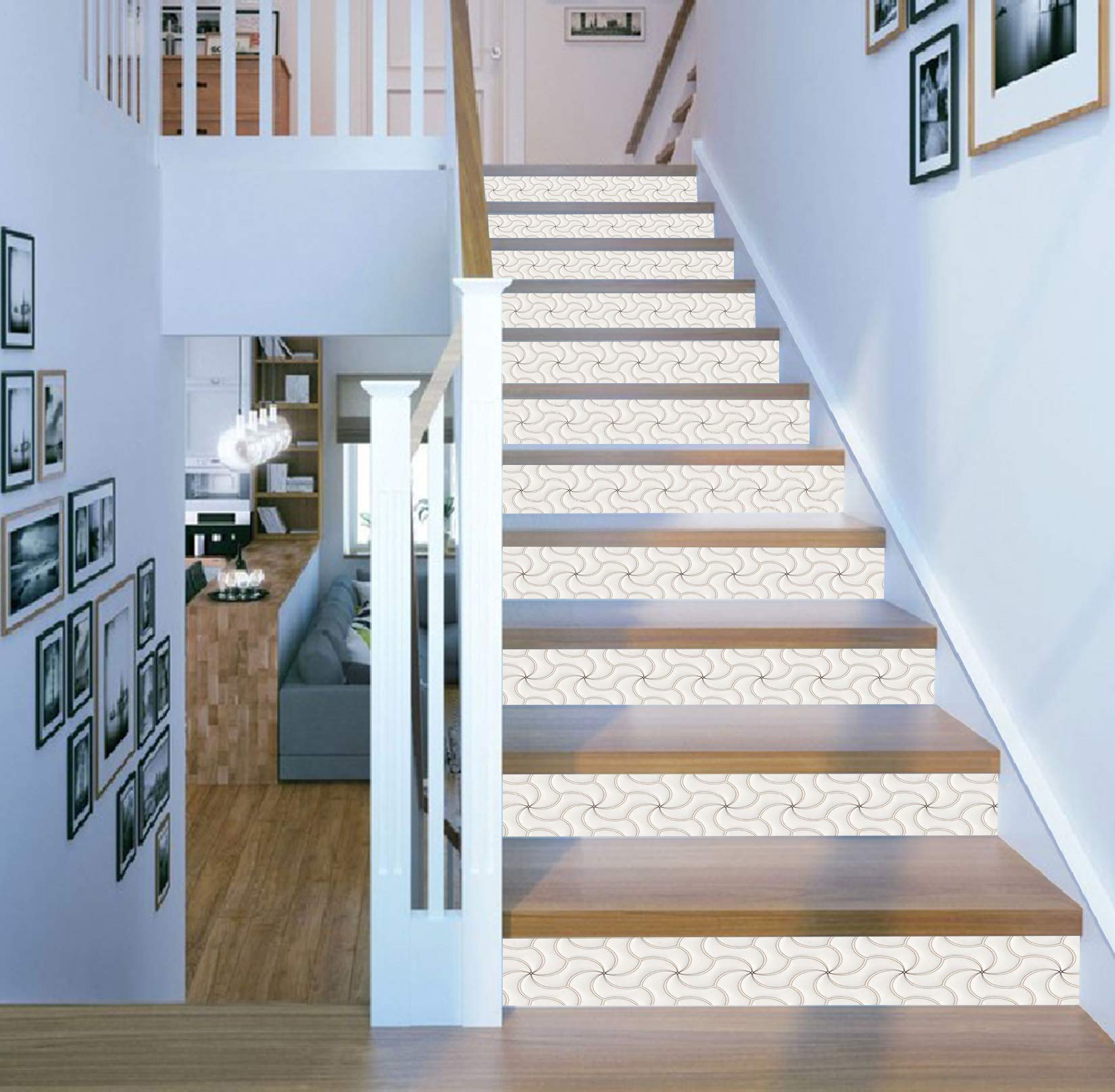 3D White Windmill Pattern Tile Marble Stair Risers Decorative Vinyl Wallpaper Mural - 15 Panels (18cm x 94cm / 7