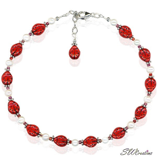 Elegant Ladybug Glass Pearl Beaded Anklet - Dainty Adjustable Ankle Bracelet for Women - Perfect for Summer, Beach, Boho Fashion & Casual Wear
