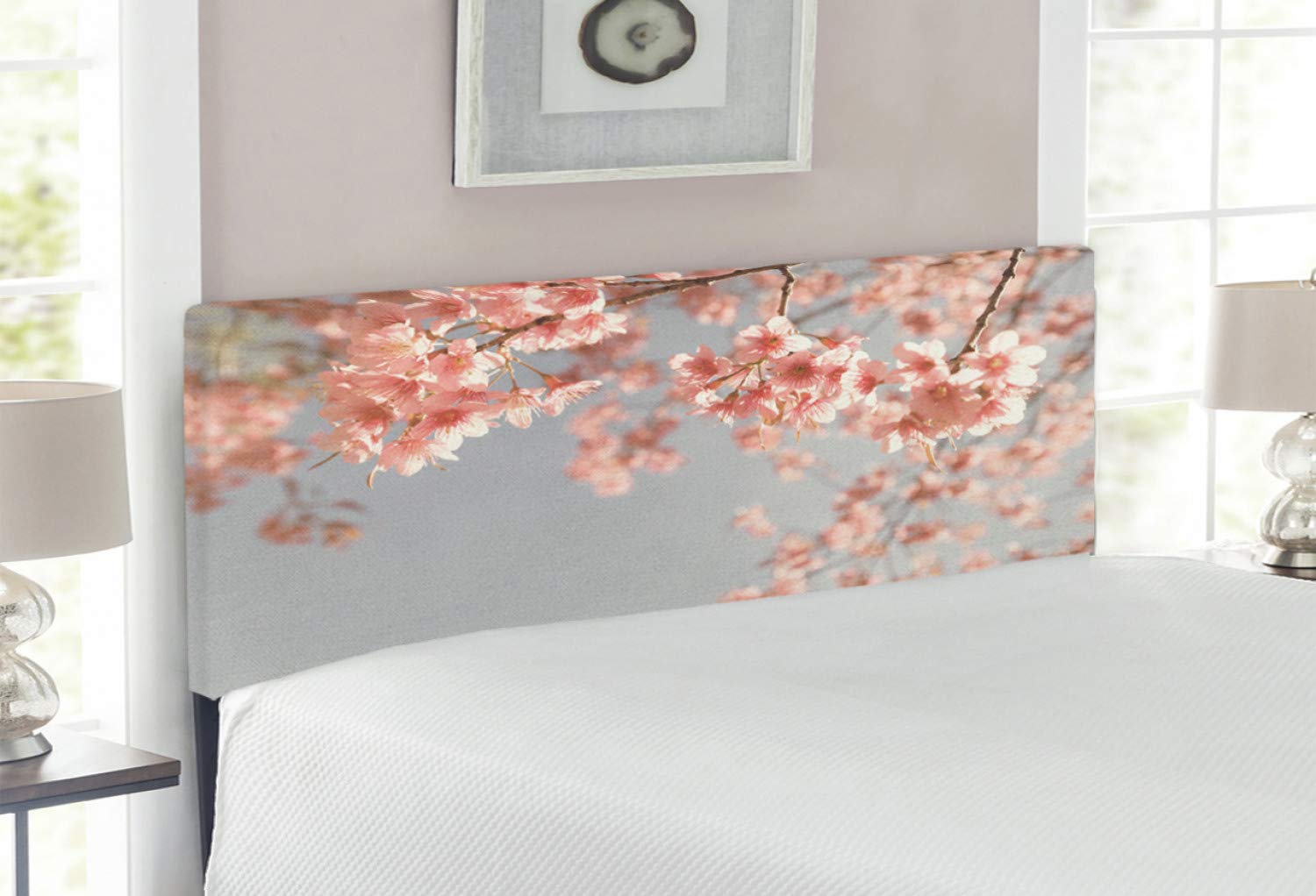 Ambesonne Peach Upholstered Headboard - Japanese Cherry Blossom Sakura Tree Nature Photography Design, Memory Foam Decorative Metal Bed Headboard for Full Size Bed, Blue Grey Coral - Perfect for Spring-Themed Bedrooms & Asian-Inspired Home Decor