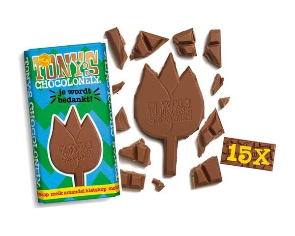 Tony's Chocolonely Milk Chocolate with Almonds & Caramel Kletskop - 15 Pack (180g Each) | Gourmet Dutch Chocolate Bars for Gifts, Parties & Snacking