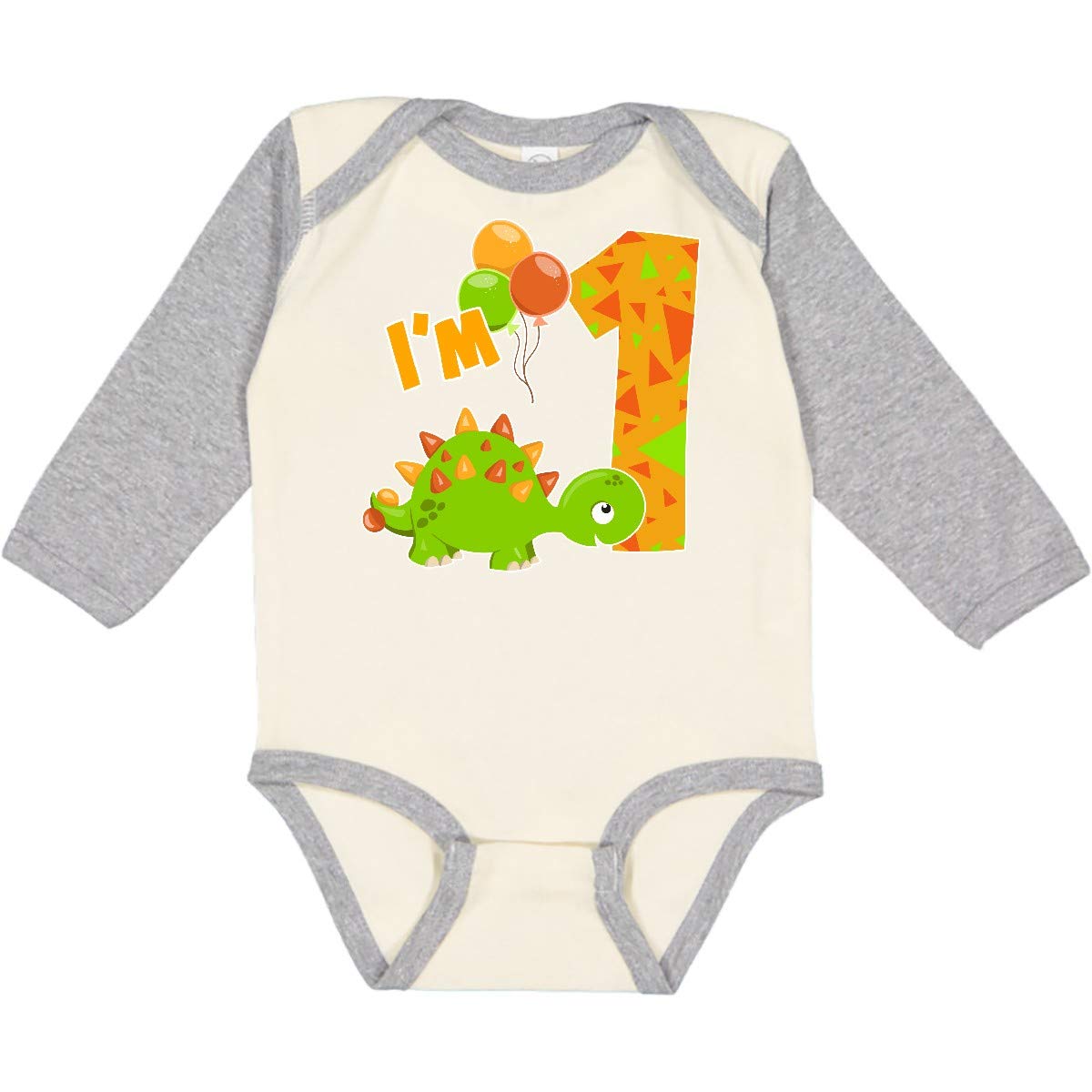 Inktastic Happy Dinosaur First Birthday Green Long Sleeve Baby Bodysuit - Cute Dino Outfit for 12 Month Old Boys & Girls, Birthday Party, Photo Shoot, Holiday Gift