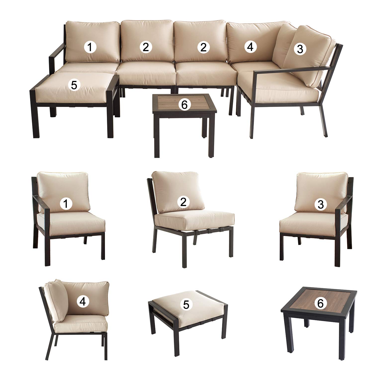 7-Piece Outdoor Patio Conversation Set - All-Weather Black Loveseat Sectional Sofa with Coffee Table & Removable Beige Cushions - Perfect for Backyard, Garden, Poolside & Deck Relaxation