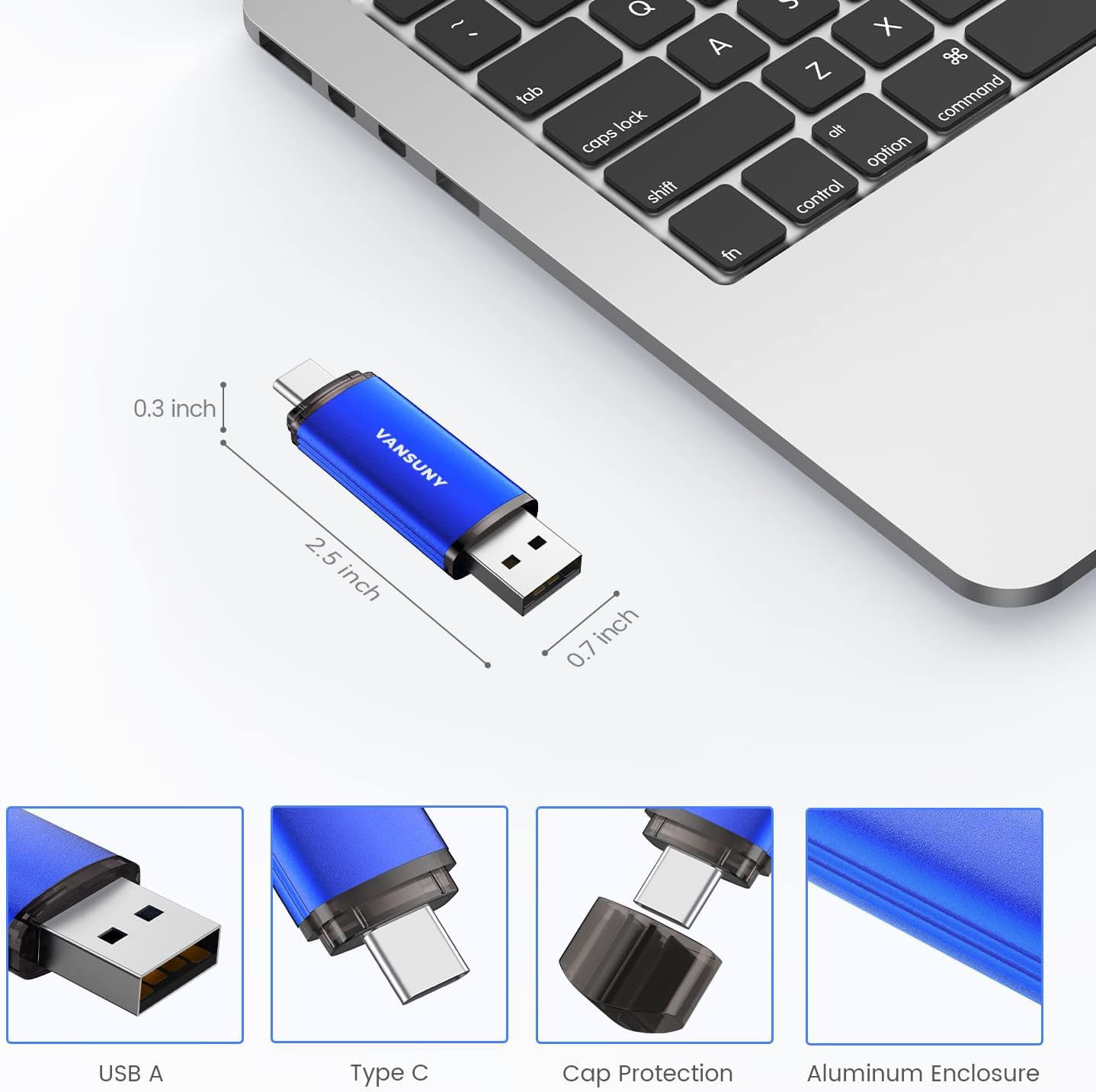 Vansuny 128GB USB Type-C Flash Drive 2-in-1 Dual USB 3.0 Drive with USB A & USB C OTG - Compatible with Android Smartphones, Tablets, Laptops & Computers - High-Speed Data Transfer for Photos, Videos & Files (Blue)