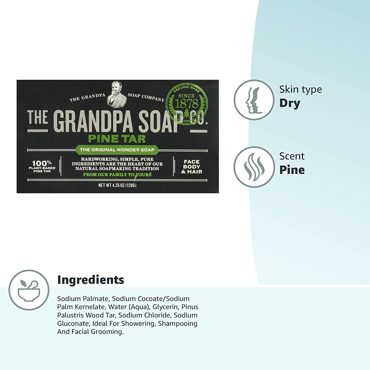 Grandpa's Soap Pine Tar Soap 4.25 oz (Pack of 4) - All-Natural Skin Care for Eczema, Psoriasis & Dry Skin Relief - Perfect for Camping, Hiking & Outdoor Activities