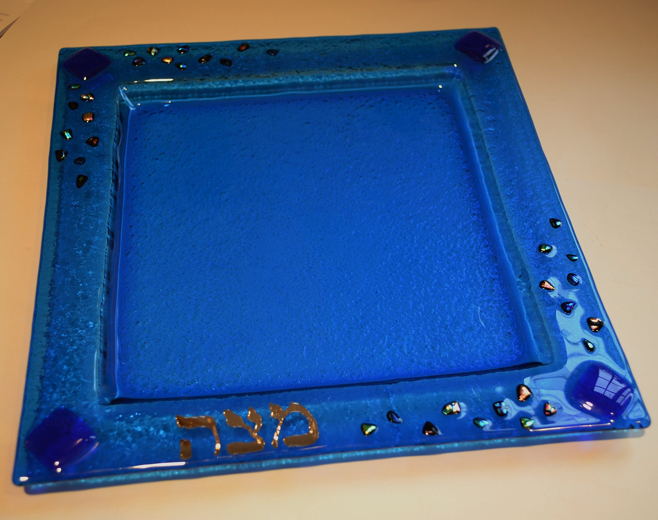 Handmade Blue Dichroic Glass Fused Matzah Plate by YafitGlass - Elegant Passover Seder Tableware for Jewish Holidays & Special Occasions
