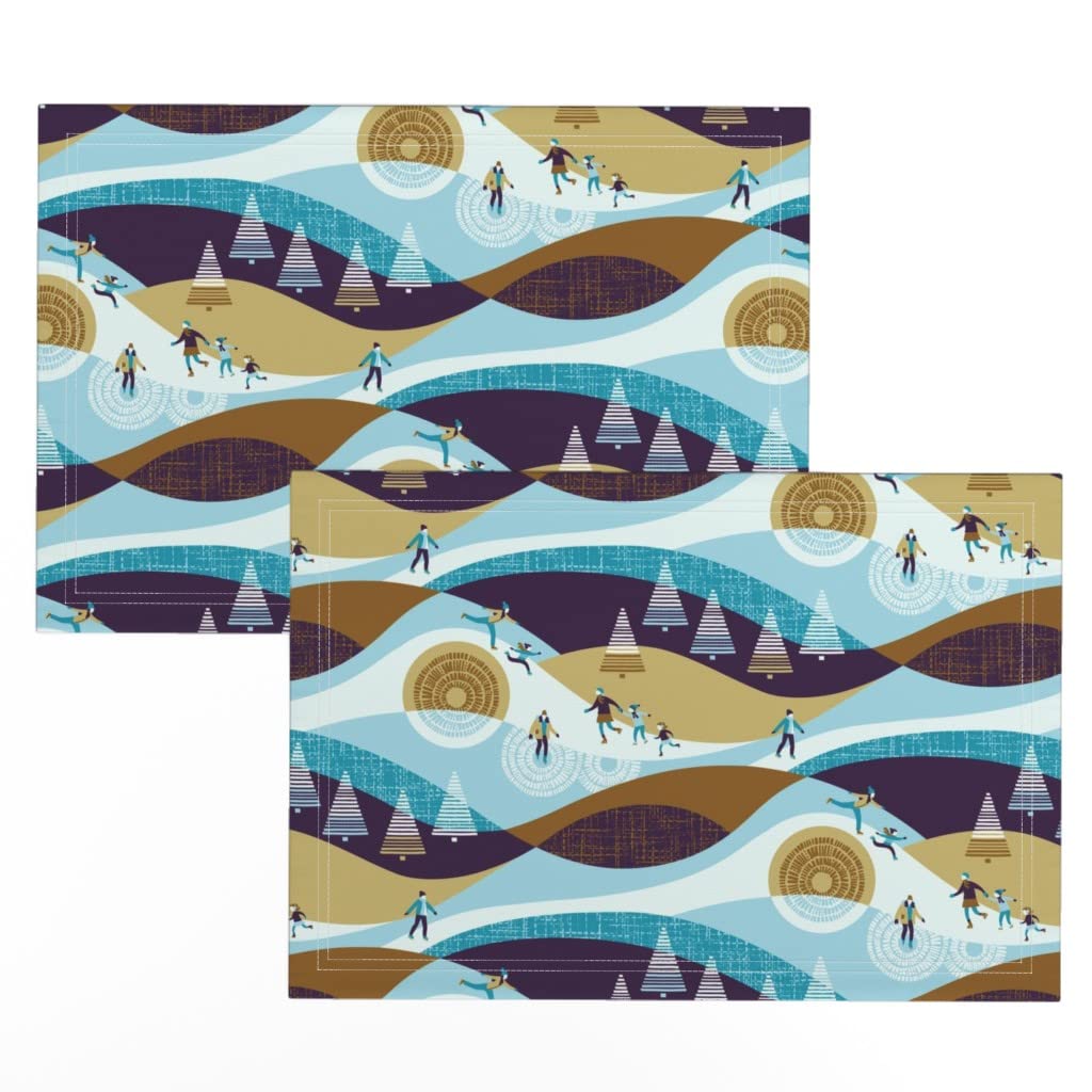 Premium Linen Cotton Canvas Placemats Set of 2 - Moonlight Ice Skating Design, Medium Scale Print Table Mats for Dining, Kitchen Decor & Holiday Entertaining