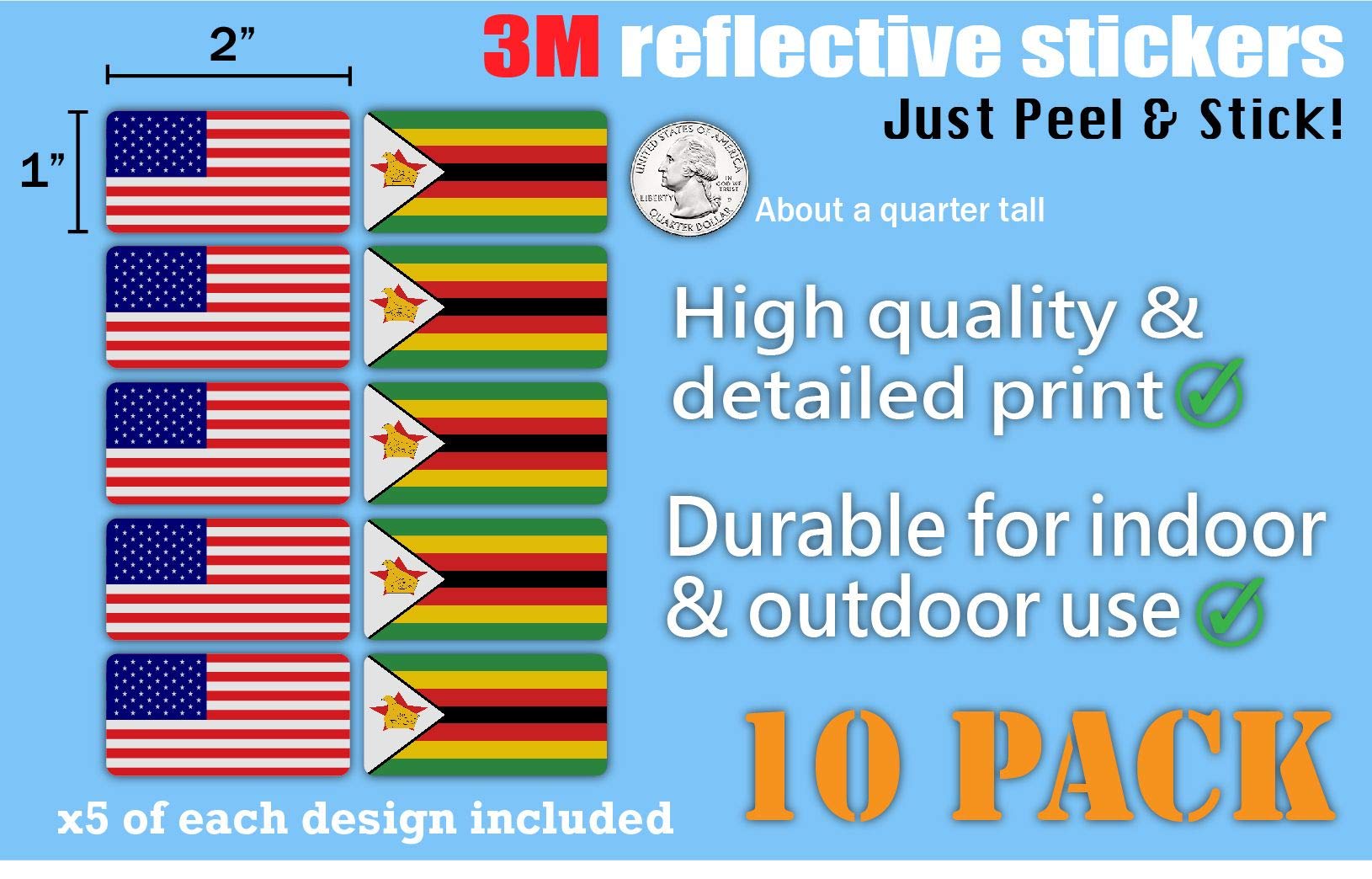 10-Pack 3M Reflective Zimbabwe & USA Flag Stickers | High-Visibility Safety Decals for Hard Hats, Laptops, Bikes, Toolboxes | Perfect for Construction, Night Cycling & Emergency Preparedness