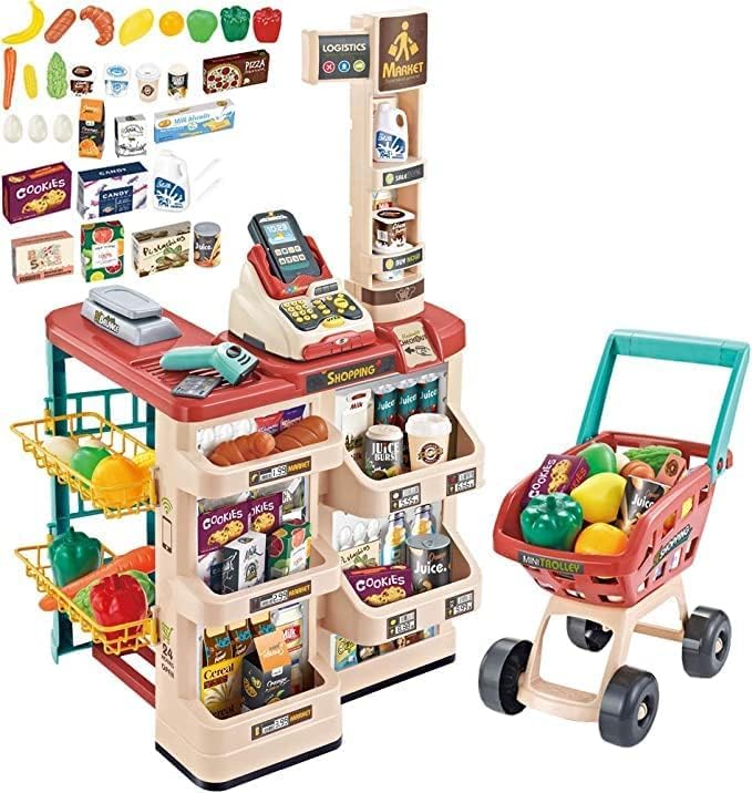 deAO Kids Pretend Play Grocery Store Set - Supermarket Toy with Shopping Cart & Cash Register - Educational Role Play Toy for Toddlers & Preschoolers - Perfect Birthday Gift for Boys & Girls (Great for Home, Classroom & Playroom)