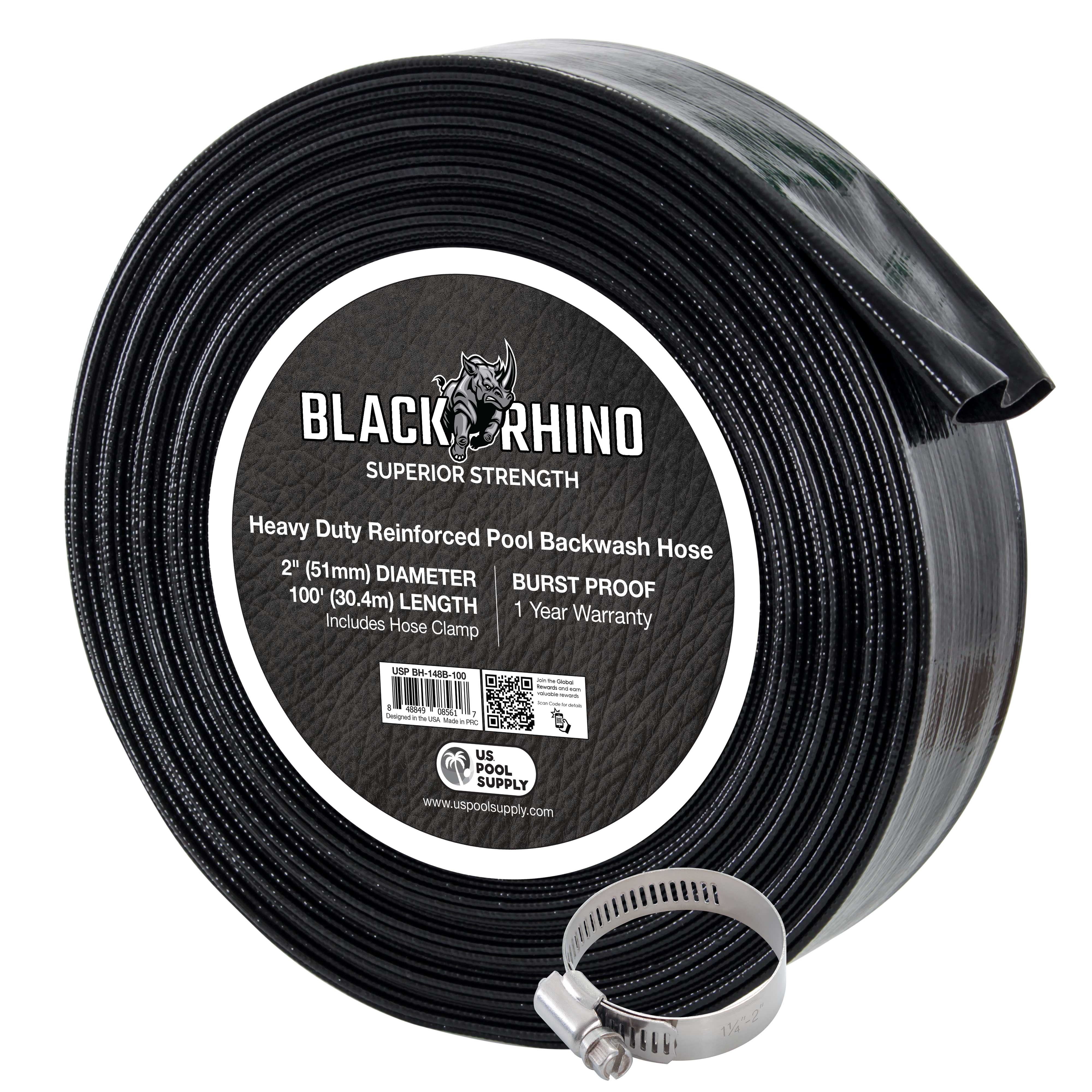U.S. Pool Supply® Black Rhino 2-Pack 100' Heavy Duty Backwash Hose with Hose Clamps - 1.2mm Thick Weather-Resistant Pool Maintenance Hose for Inground & Above Ground Pools