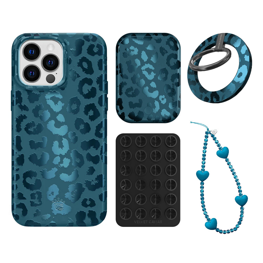 Metallic Navy Leopard iPhone Case with Grip - Stylish Protective Phone Cover for iPhone 13/14/15 Pro Max - Perfect for Everyday Use, Travel & Fashion Accessories
