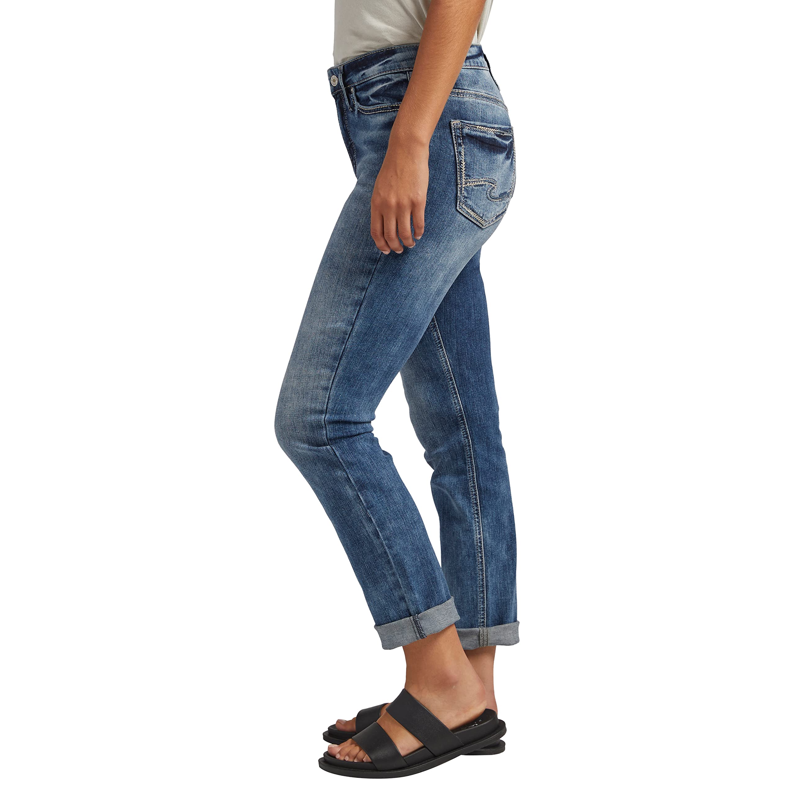 Silver Jeans Co. Women's Girlfriend Mid Rise Slim Leg Jeans - Comfortable Stretch Denim Pants for Casual Wear & Everyday Outfits