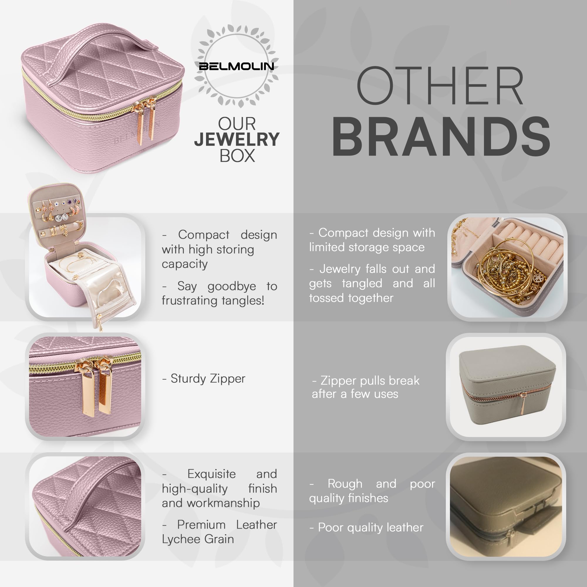 Leather Travel Jewelry Organizer Case for Women - Anti Tangle Jewelry Storage Box with Soft Pink Interior - Portable Jewelry Box for Necklaces, Rings & Earrings - Perfect for Vacations, Business Trips & Daily Use