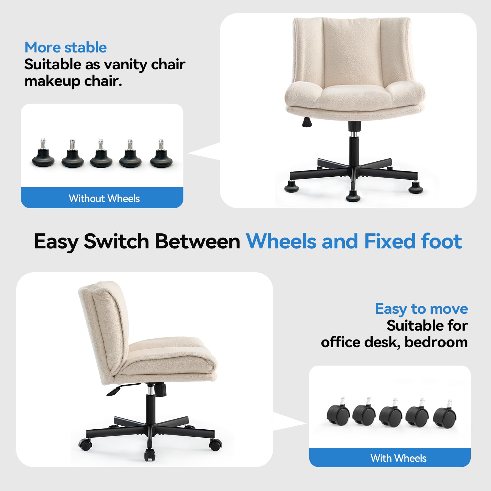 LEAGOO Criss Cross Chair with Wheels - Furry Armless Desk Chair, Comfy Wide Seat Cross Legged Office Chair - Height Adjustable Swivel Vanity Chair for Home Office, Makeup, Gaming & Reading - Cream White