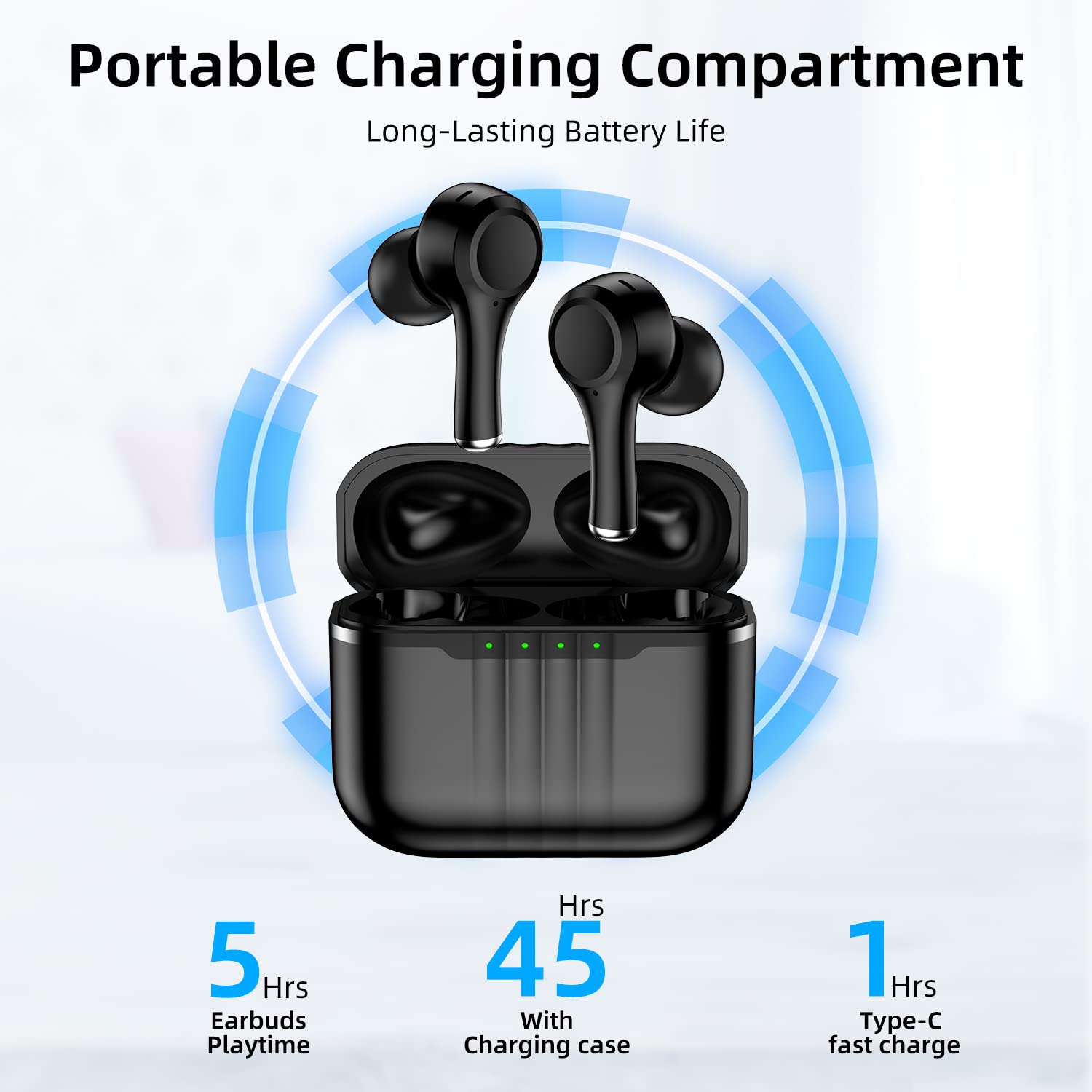 Premium Wireless Bluetooth 5.3 Earbuds with Hi-Fi Stereo Sound | 45H Battery Life | IPX7 Waterproof | 4-Mic ENC Noise Cancellation | Touch Control | USB-C Charging Case | Ideal for Workouts, Running, Gym, Travel, Business Calls, Commuting, Outdoor Activities, Fitness, Sports, Office Work, Remote Work, Exercise, Jogging, Hiking, Cycling & Video Conferencing