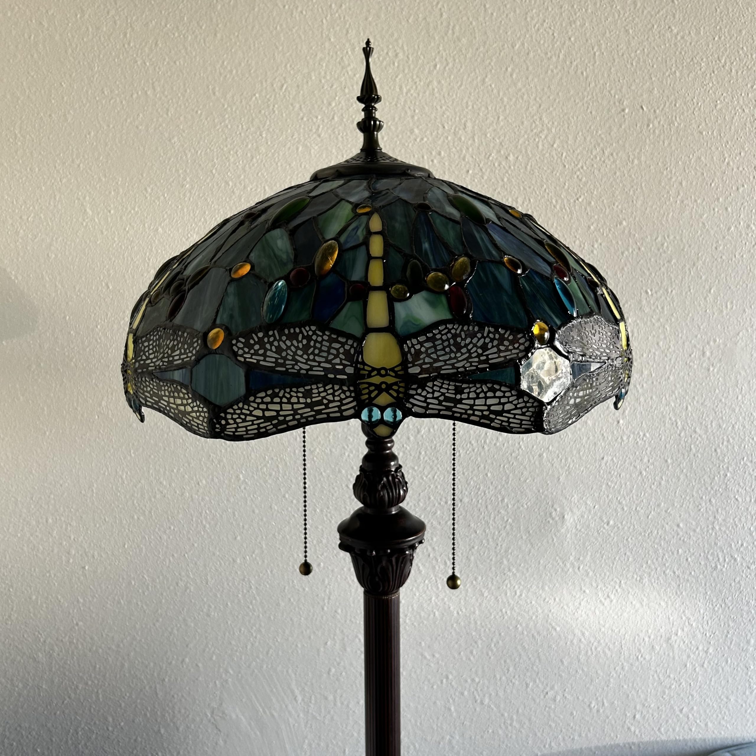 Tiffany Style Dragonfly Stained Glass Floor Lamp with Metal Base - Green & Blue Art Nouveau Design, Includes LED Bulbs (16