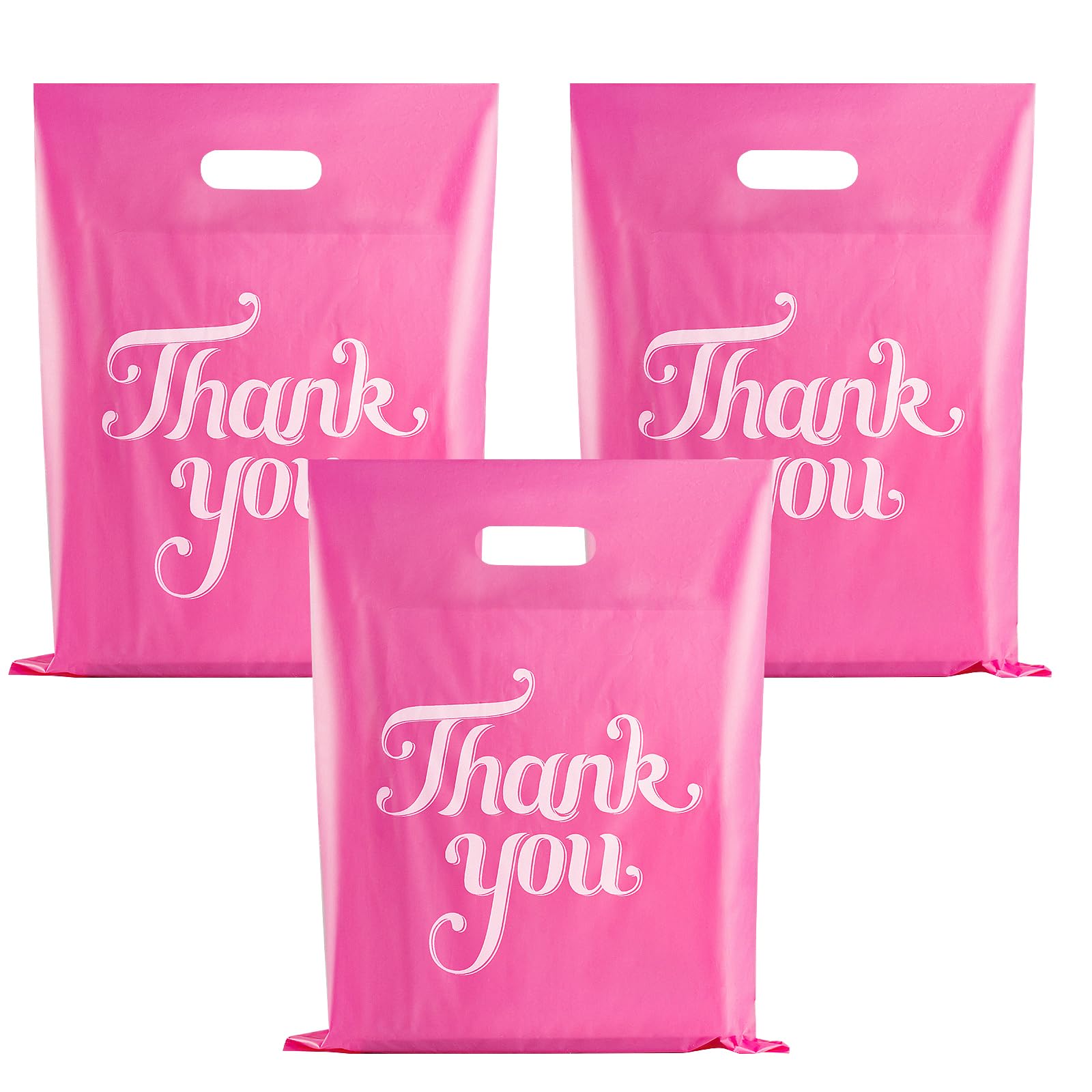 FloraSea 100 Pack Pink 12x15 Inch Thank You Bags - Reusable Plastic Shopping Bags with Handles for Retail, Boutique, Party Favors, Gift Wrapping & Clothing Storage | Eco-Friendly Merchandise Bags for Stores, Events & Home Organization