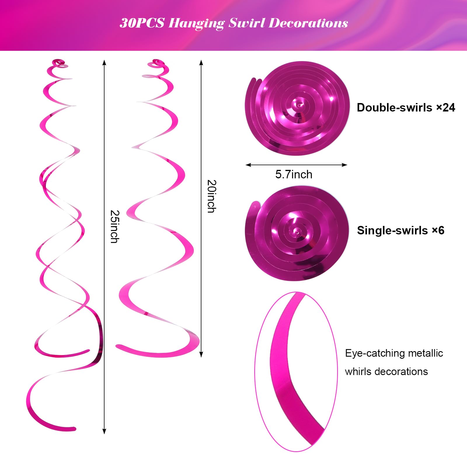 30 PCS Hot Pink Metallic Foil Party Swirl Decorations - Double & Single Swirl Hanging Streamers for Ceiling - Perfect for Birthday, Wedding & Holiday Party Decor