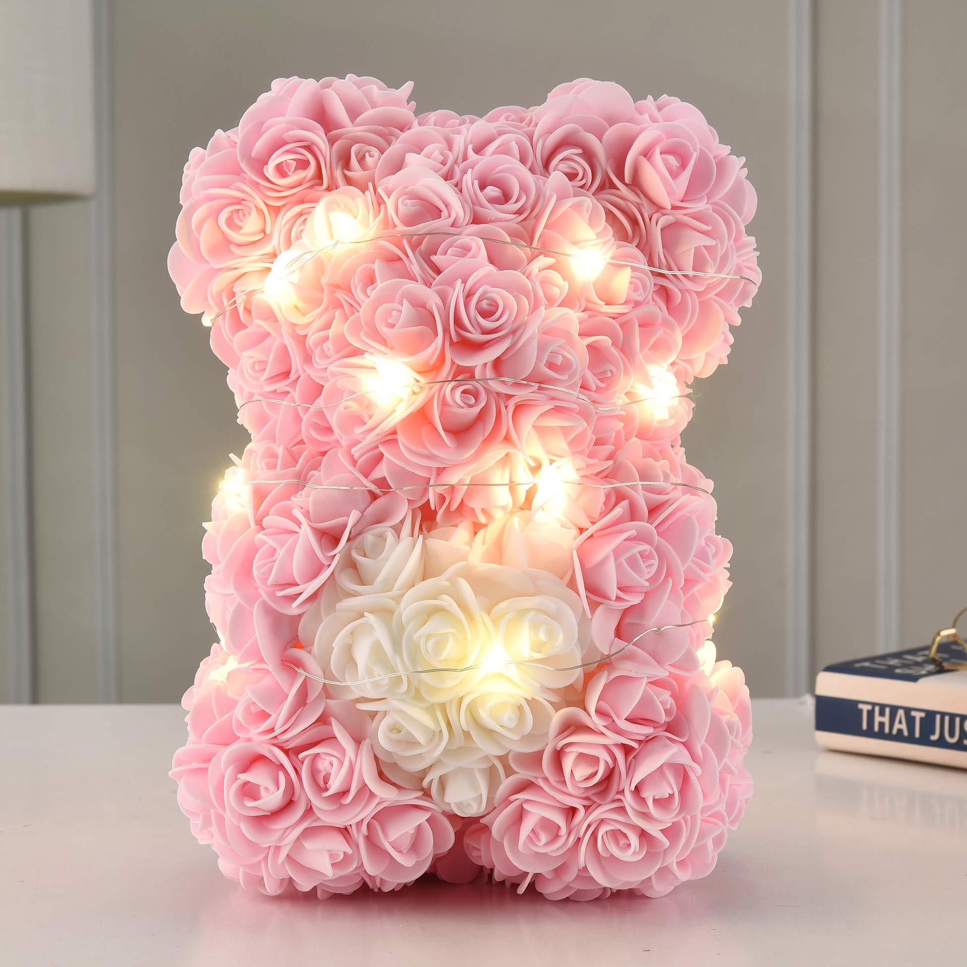 Handmade Rose Teddy Bear - Artificial Rose Flower Bear Gift for Mom, Girls, Birthday, Party | Unique Home Decor, Wedding, Valentine's Day Present in Elegant Clear Gift Box (White)