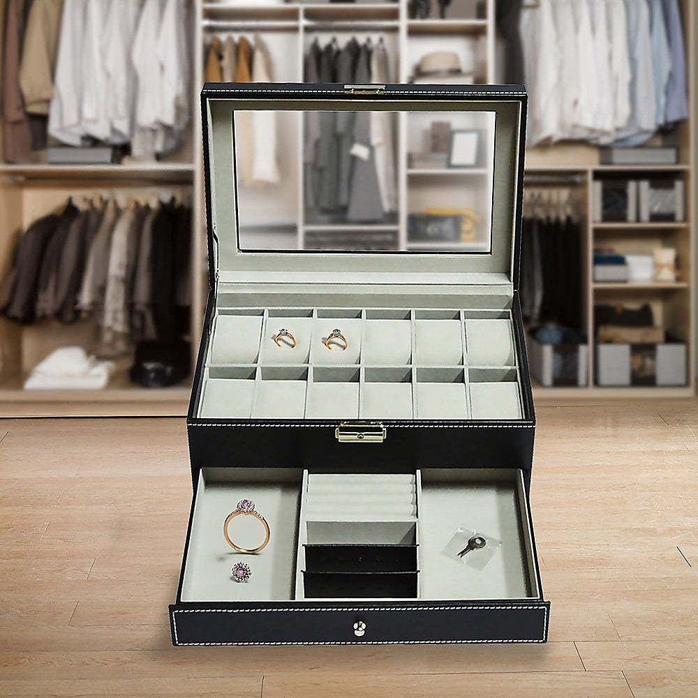 12-Slot Leather Watch Display Case with Lock & Key - Jewelry Storage Box Organizer for Men's Watches & Accessories - Perfect for Retail Stores, Watch Collections & Gift Presentation