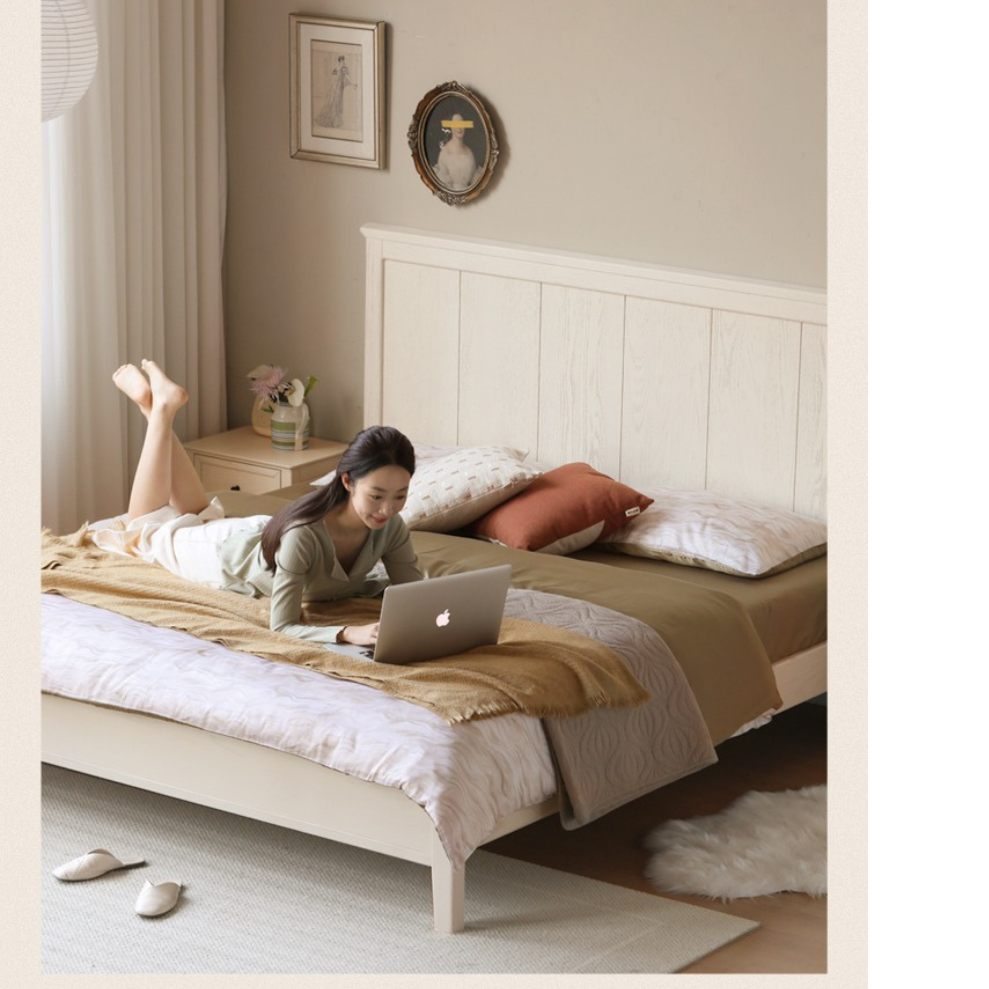 Solid Oak Wood High Headboard Full Size White Bed - American Style Bedroom Furniture for Master Bedroom & Guest Room Decor