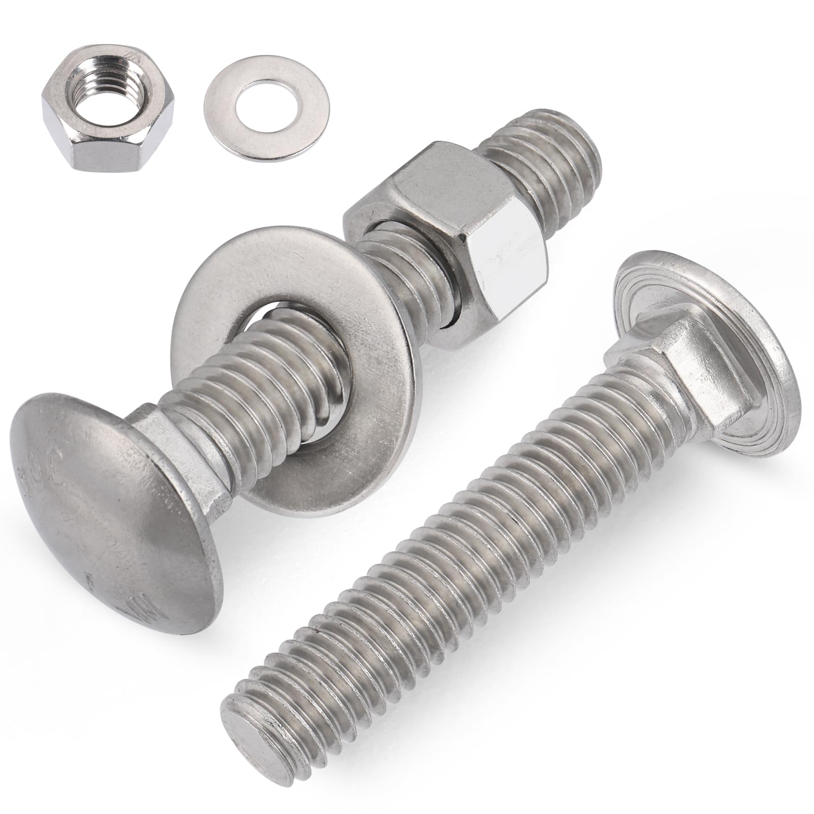 1/4-20 x 2 Inch 304 Stainless Steel Carriage Bolts with Nuts Kit - 18 Sets, Round Head Square Neck, Includes Flat Washers - Perfect for Furniture Assembly, DIY Projects, and Outdoor Construction