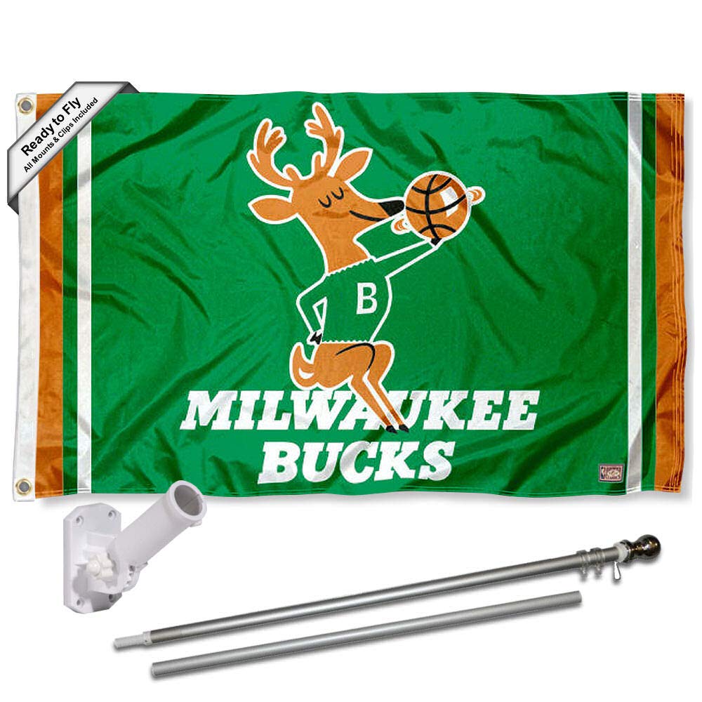 WinCraft Milwaukee Bucks Hardwood Classics Retro Flag Pole and Bracket Set - NBA Team Banner Display for Home, Office, Game Room & Sports Fan Decor