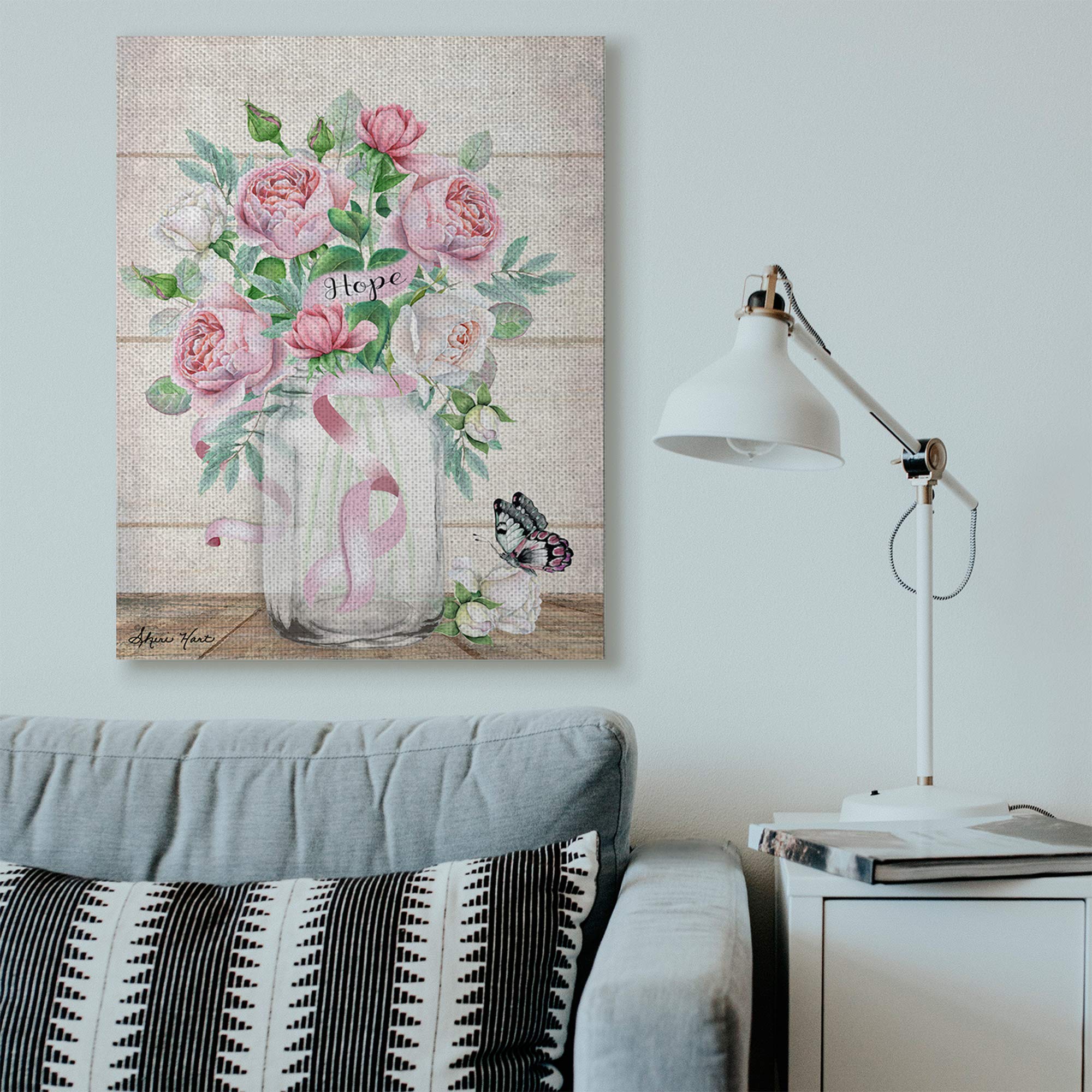 Stupell Industries Hope Flower Jar Butterfly Pink Painting Canvas Wall Art - 36