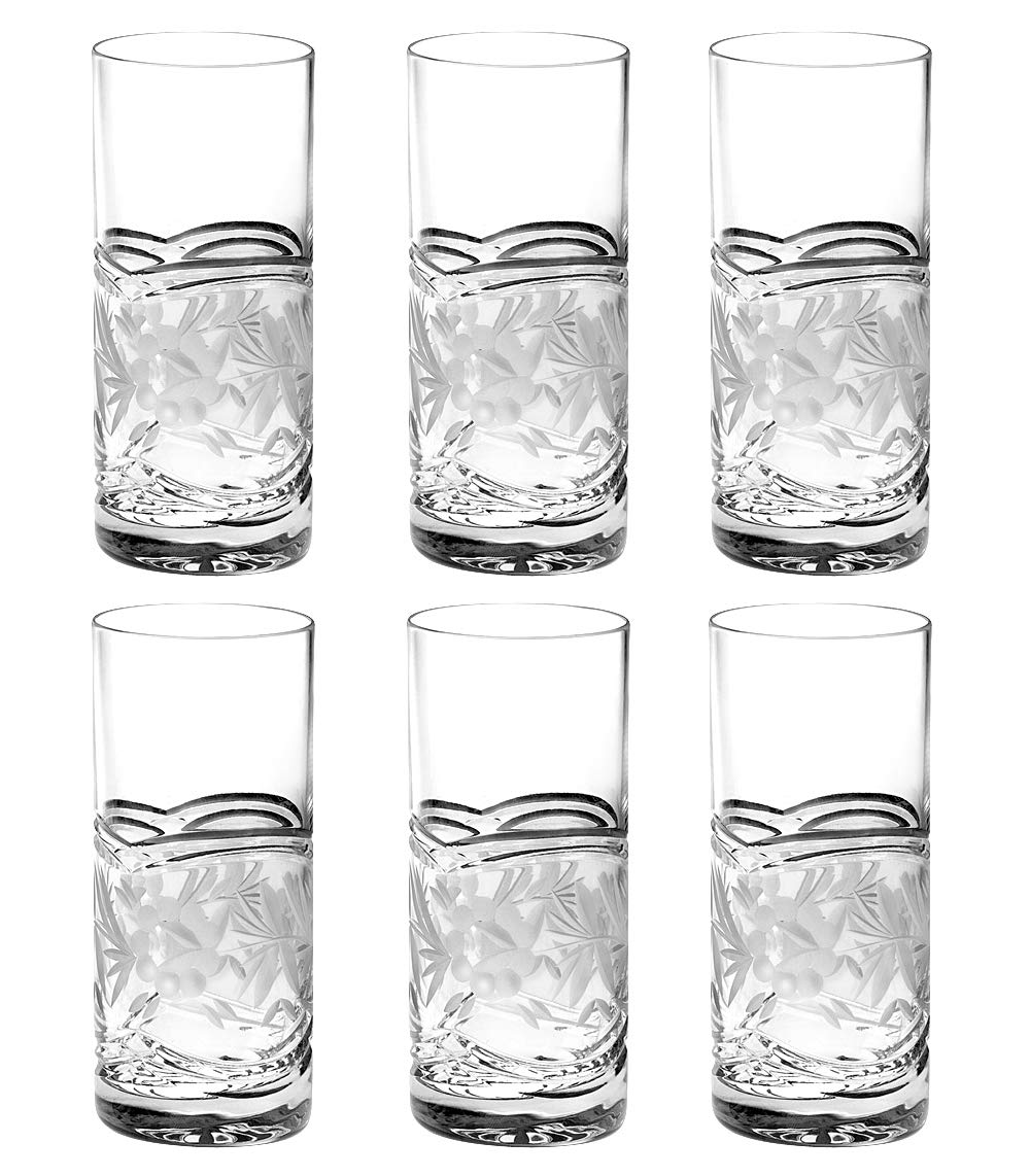 Barski Highball Glasses Set of 6 - 16oz Crystal Drinking Tumblers with Hand-Cut Flower Design - Perfect for Cocktails, Wine, Beer, Juice & Water - Elegant Barware for Home Entertaining & Party Serving - Made in Europe