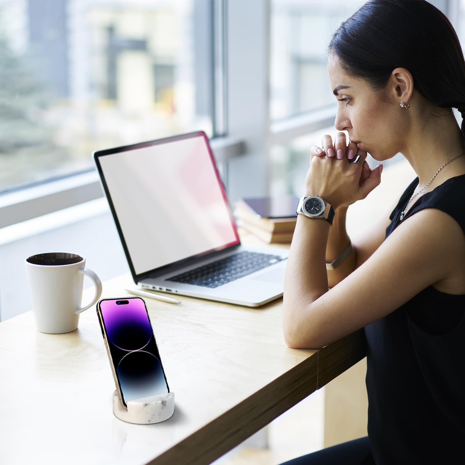 Premium Marble Phone Stand for iPhone & Android - Elegant Desk & Kitchen Phone Holder with Non-Slip Silicone Dots - Hands-Free Viewing for Video Calls, Cooking & Work (White)