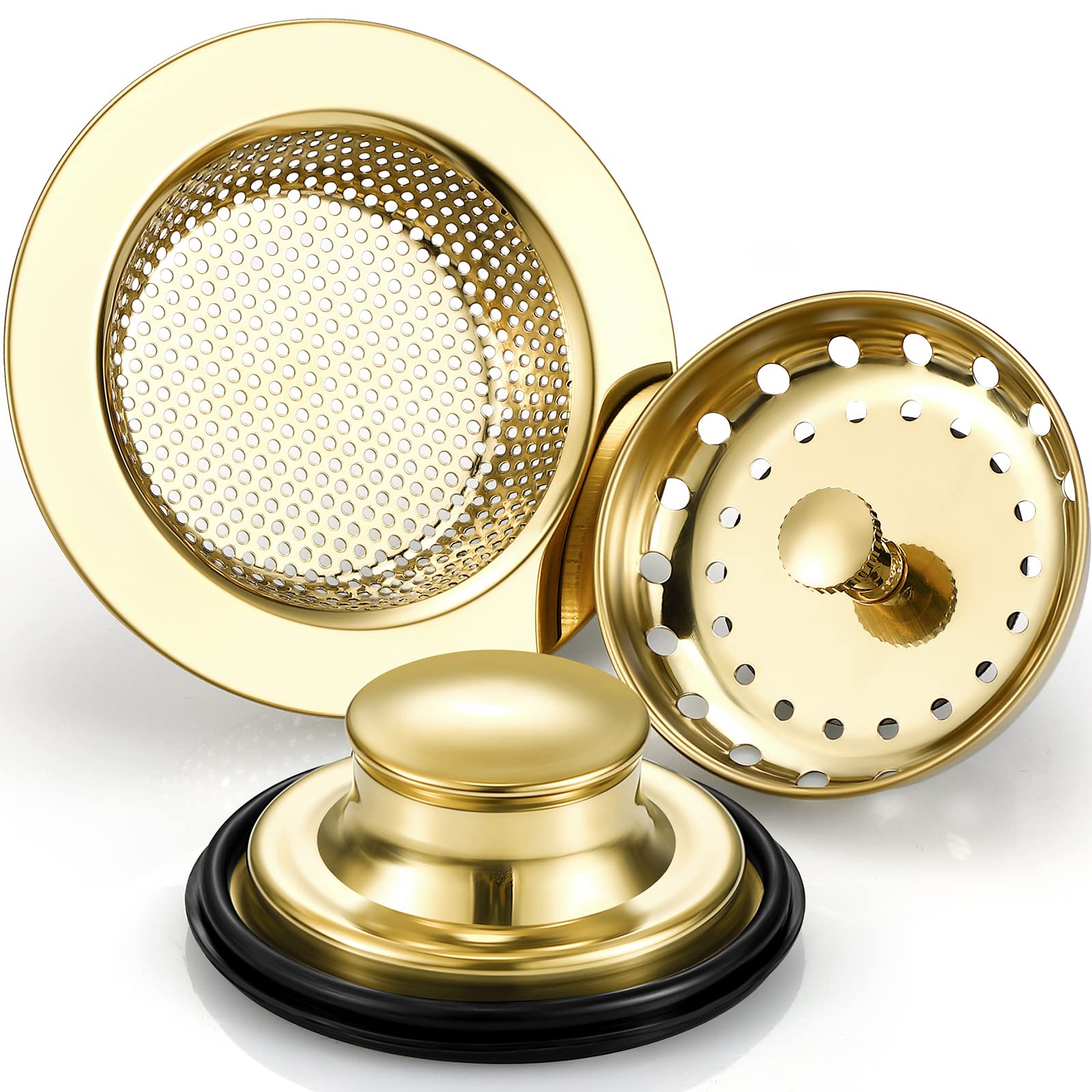 3-Pack Stainless Steel Kitchen Sink Drain Strainer & Stopper with Handle - Universal Anti-Clog Garbage Disposal Plug, Sink Filter Sieve Basket (Light Gold) - Perfect for Kitchen, Bathroom, RV & Camper Use