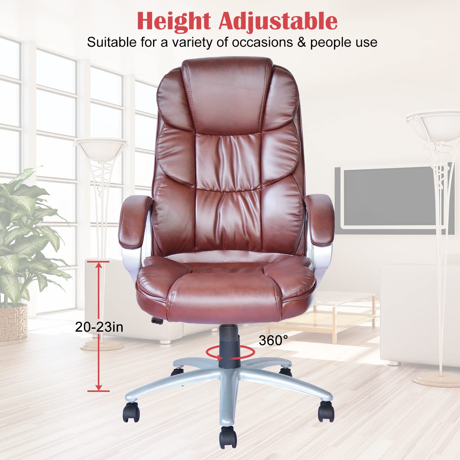 Ergonomic Office Desk Chair - Adjustable Height High Back Rolling Swivel Computer Chair with PU Leather, Padded Armrests & Lumbar Support - Executive Task Chair for Home Office (Brown) - Perfect for Long Work Hours, Gaming & Remote Work