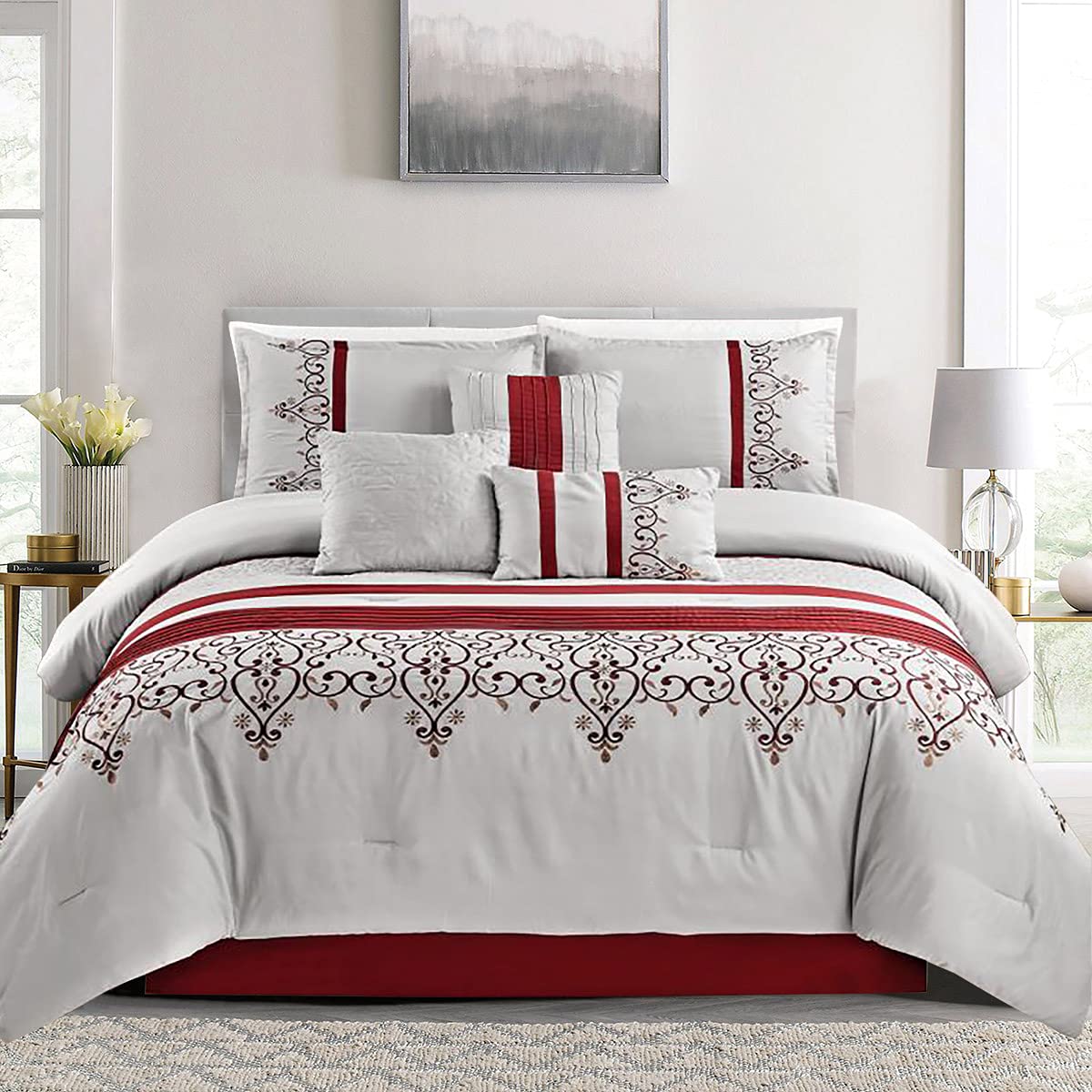 Premium MERRY HOME King Size Comforter Set - 7 Piece Bed in a Bag with 400GSM All-Season Soft Bedding (Burgundy & Light Gray) - Perfect for Master Bedrooms, Guest Rooms & Cozy Home Decor