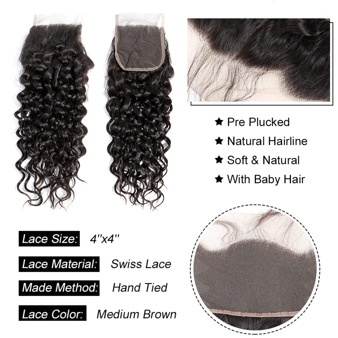 Vallbest 100% Unprocessed Brazilian Wet and Wavy Human Hair Weave Bundles with Lace Closure - 3 Bundles (14