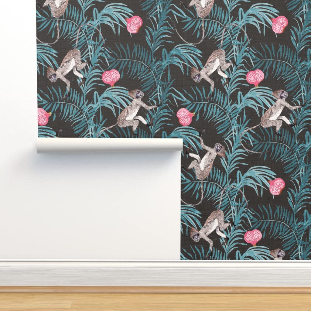 Premium Commercial Grade Wallpaper 27ft x 2ft - Monkey Jungle Palm Tree Watercolor Bohemian Design for Living Room, Bedroom & Nursery | Peel & Stick Traditional Wallpaper by Spoonflower