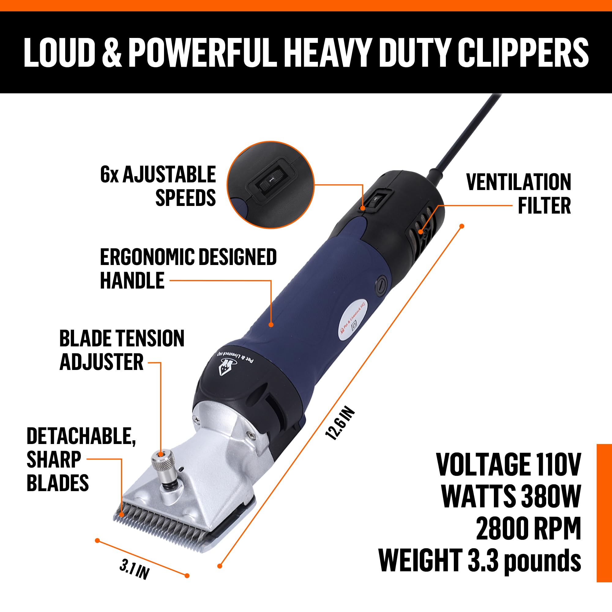 Professional Heavy Duty Dog Grooming Clippers for Thick Coats & Large Breeds - Pet Hair Trimmer Kit for XL Dogs, Horses, Livestock - Perfect for Home Grooming, Professional Salons & Animal Care