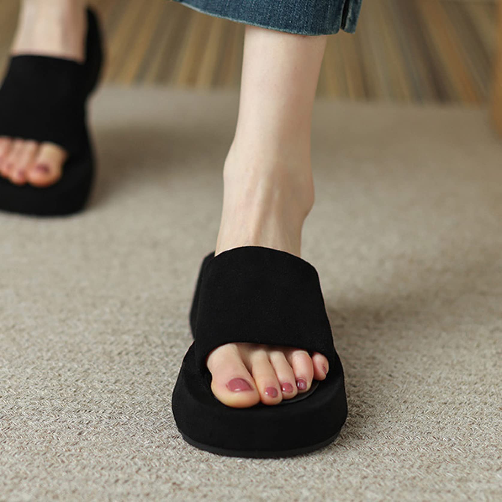 EBRICON Women's Open-Toe Platform Slide Sandals - Fashion Suede Leather Slip-On Flatform Slippers for Beach, Pool, and Summer Outfits