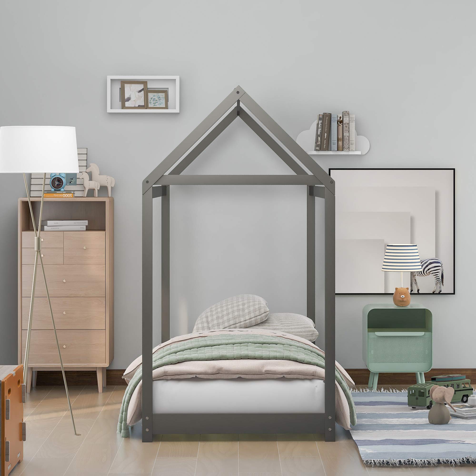 Wooden Twin Size House Bed Frame with Roof for Kids & Teens - No Box Spring Needed - Perfect for Children's Bedrooms, Playrooms & Cozy Sleep Spaces