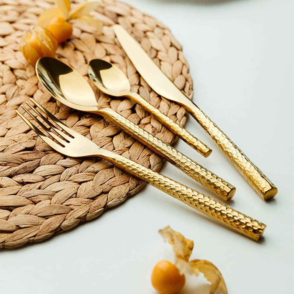 48-Piece Hammered Gold Stainless Steel Flatware Set for 12 - Modern Dinner Knives, Forks & Spoons - Elegant Tableware for Home, Kitchen & Dinner Parties