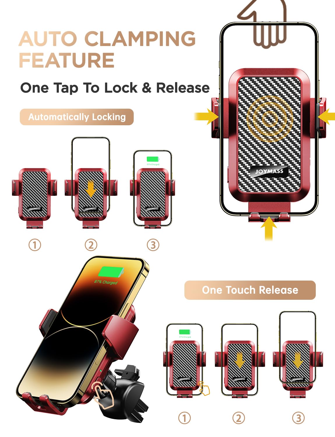 JOYMASS 15W Fast Wireless Car Charger - Auto Clamping Phone Holder Mount for iPhone 15/14/13/12/Mini/Pro/Max/11/XR & Samsung Galaxy S23/S22/S21+/Note 20 - Compatible with Car Vent - Perfect for Road Trips & Daily Commute (Red)