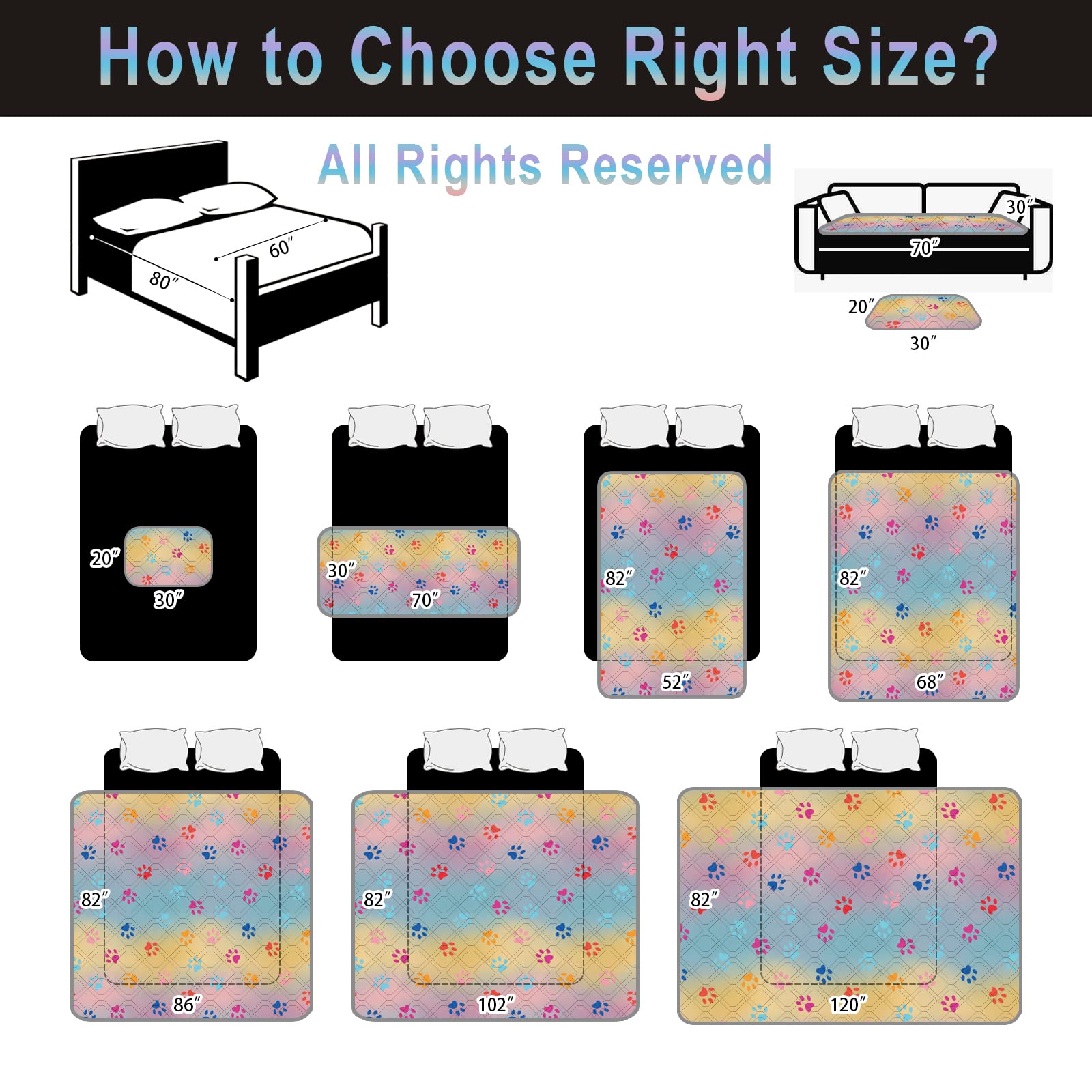 Waterproof Dog Bed Cover 68x82 Inch - Reversible Washable Pet Mat for Dogs & Cats - Geometric Embroidery Blanket with Rainbow Paw Print - Ideal for Camping, Travel & Home Use