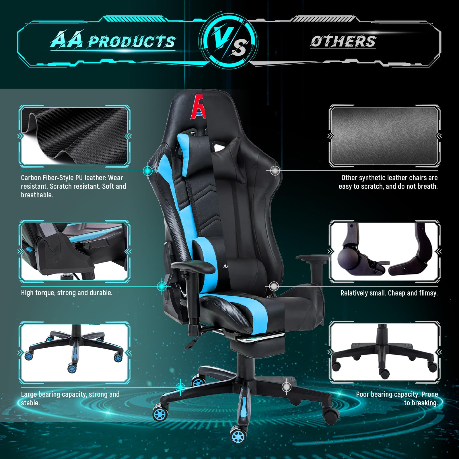Premium Ergonomic Gaming Chair - High Back Racing Office Chair with Adjustable Height, Lumbar Support & Footrest - Black & Blue Upgraded Version for PC Gaming, Work & Home Office Use
