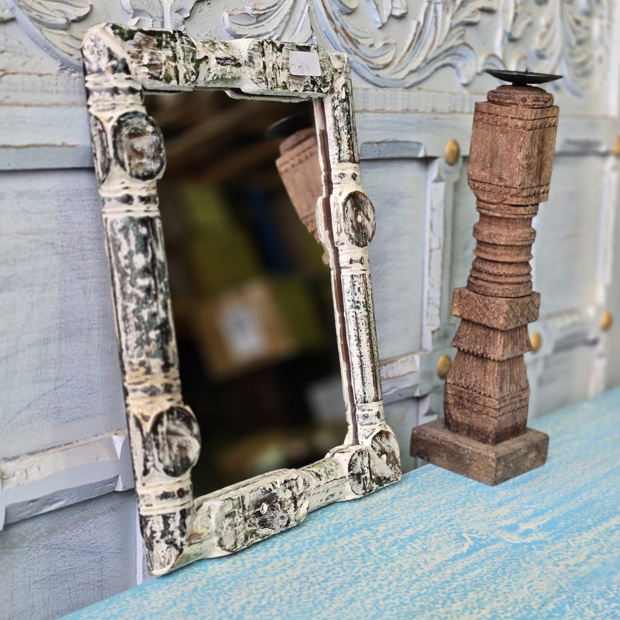 Handmade Solid Wood Carved Indian Furniture Mirror Frame - Rustic White 06 - Perfect for Living Room, Bedroom, or Home Decor