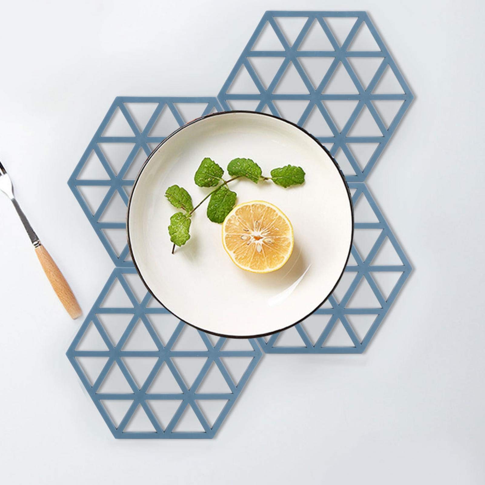 Heat-Resistant Hexagon Grid Table Mat Set of 4 - Non-Slip Hollow Dining Coasters for Coffee Shop, Restaurant & Home Use (Blue)