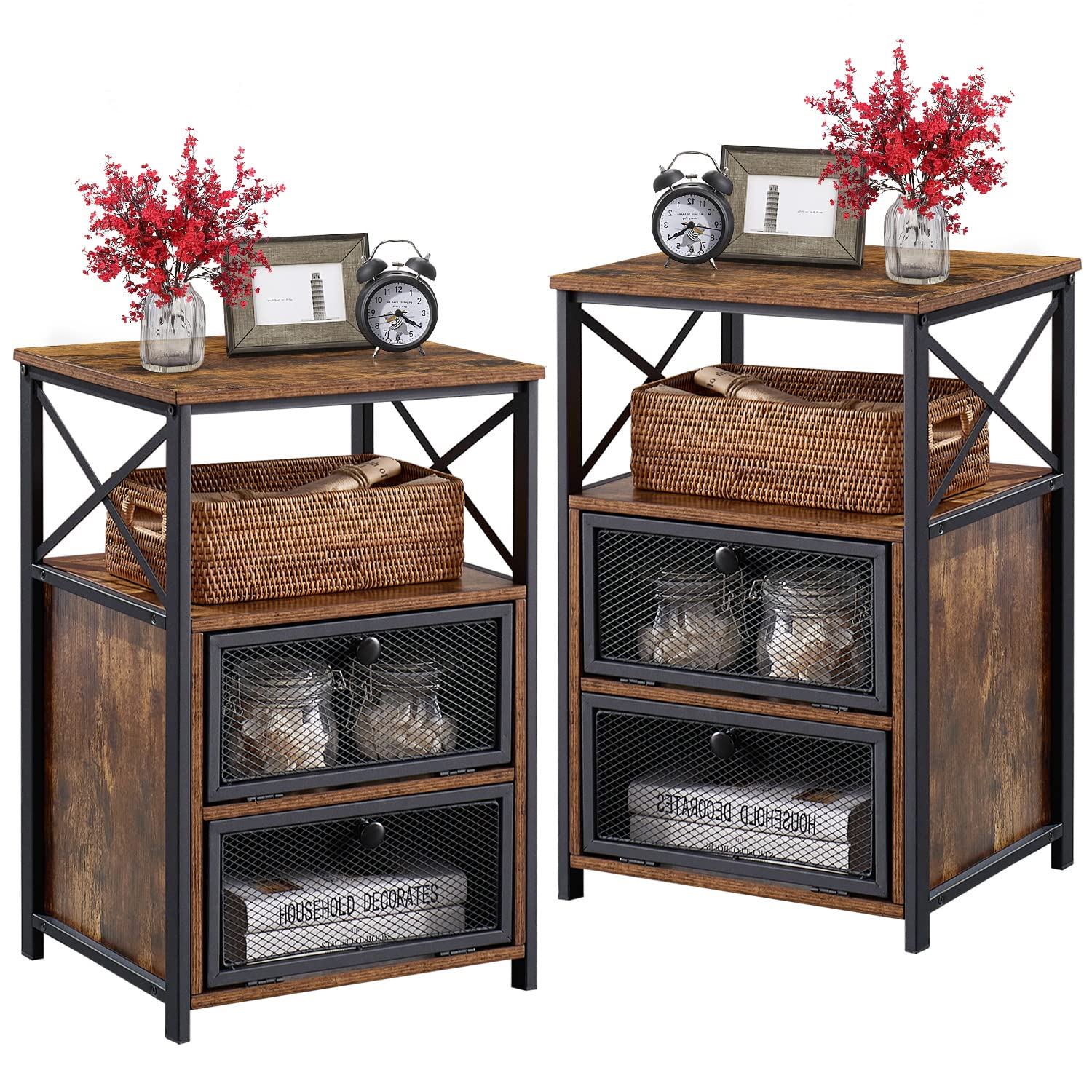 Modern Night Stand with Storage & Flip Drawers - Set of 2 End Tables for Bedroom, Living Room & Lounge - Space-Saving Nightstand with Door for Small Spaces